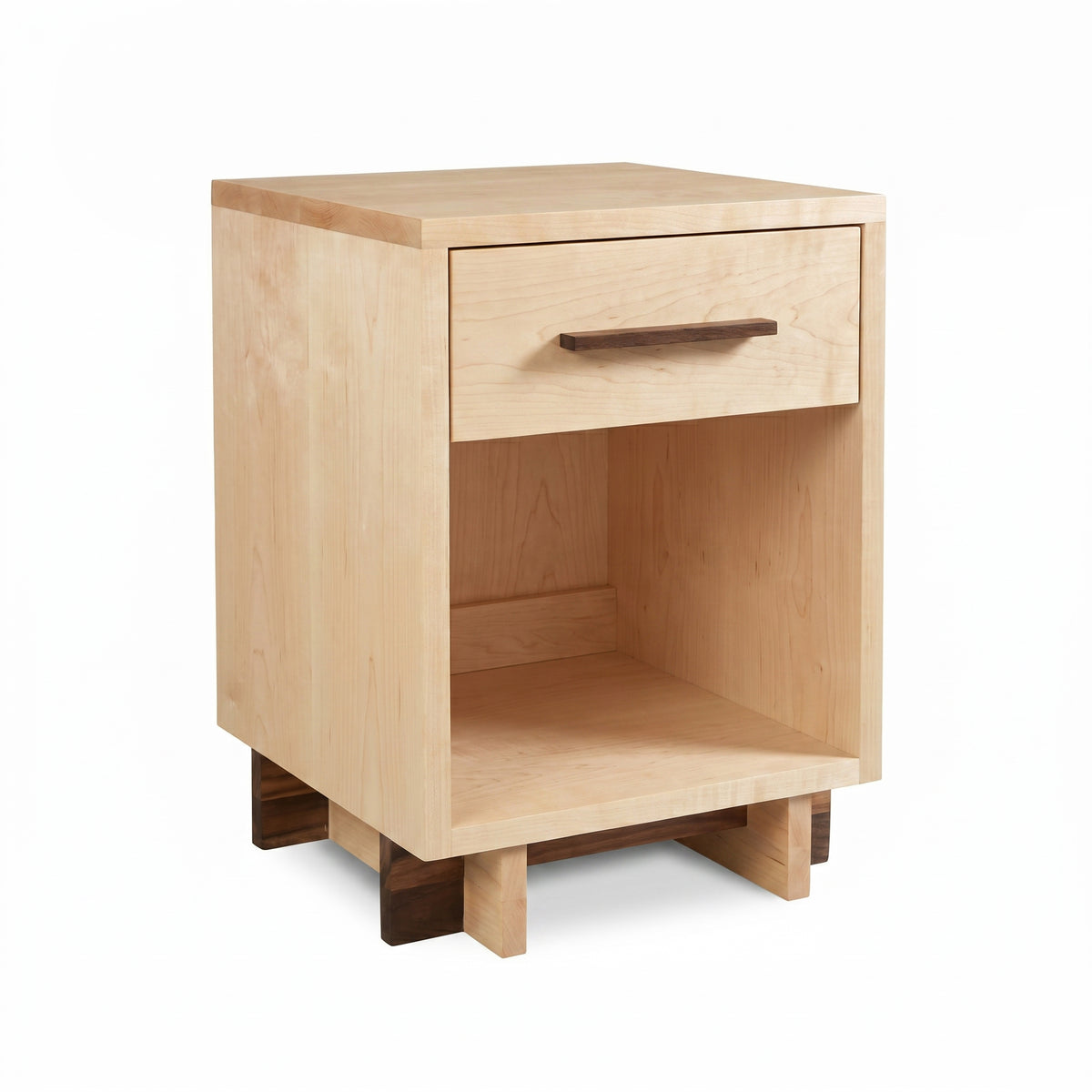 Modern American 1-Drawer Nightstand by Vermont Furniture Designs in light wood with a solid drawer and dark legs, crafted in the USA.
