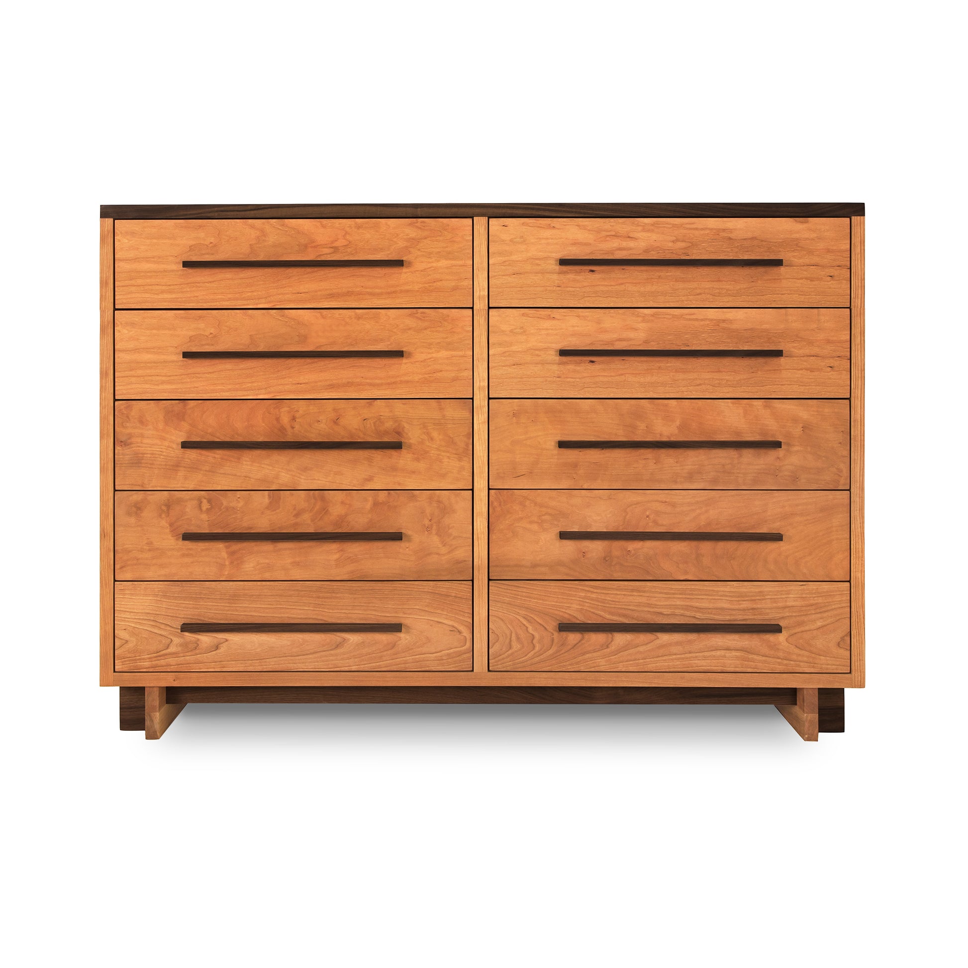 Vermont Furniture Designs Modern American 10-Drawer Dresser, solid wood with long horizontal handles and small feet.