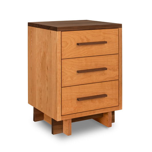 A Modern American 3-Drawer Nightstand by Vermont Furniture Designs with horizontal handles, showcased on a white background. The nightstand features a sleek, modern design with an eco-friendly oil finish.