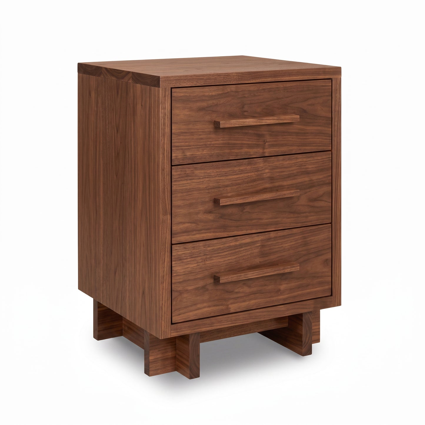 A three-drawer wooden nightstand with a dark walnut finish and matching wood drawer pulls, shown on a clean white background.