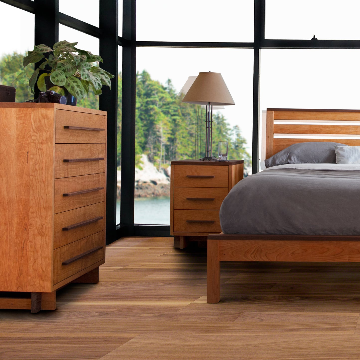 Modern American 5-Drawer Chest by Vermont Furniture Designs displayed in a contemporary bedroom with grey bedding.