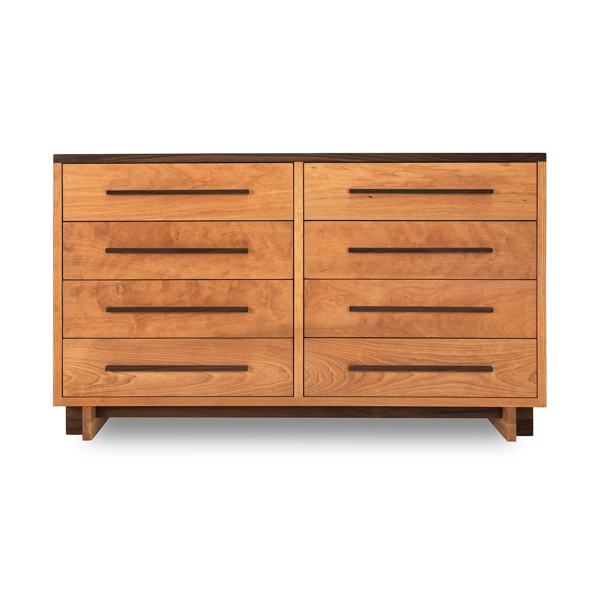 A Modern American 8-Drawer Dresser #1 in cherry wood from Vermont Furniture Designs, with eight horizontal drawers, four on each side, featuring a simple, modern design and a smooth finish, set against a plain white background.