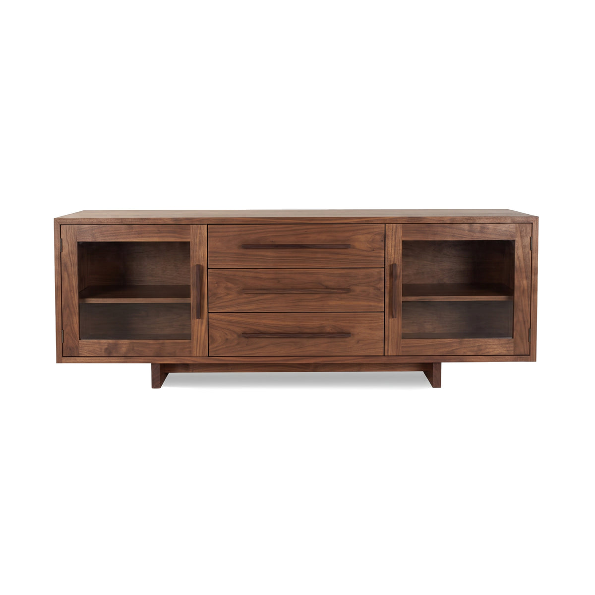 Modern American Buffet by Vermont Furniture Designs featuring a glass-door sideboard with three drawers, crafted in solid wood.