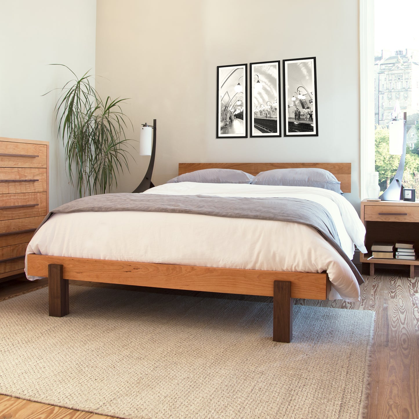 Vermont Furniture Designs Modern American Platform Bed and matching dresser in a contemporary bedroom setting.
