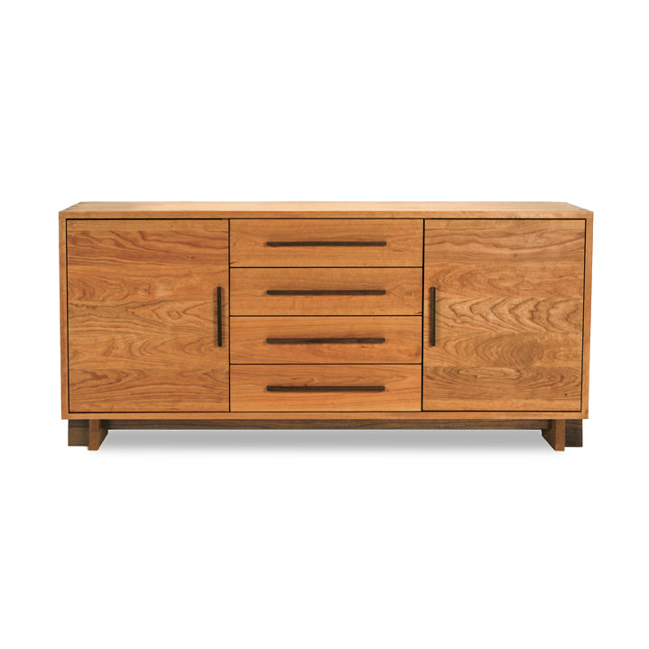 Modern American Sideboard by Vermont Furniture Designs in walnut finish, showcasing 2 cabinets and 4 drawers with sleek horizontal handles.