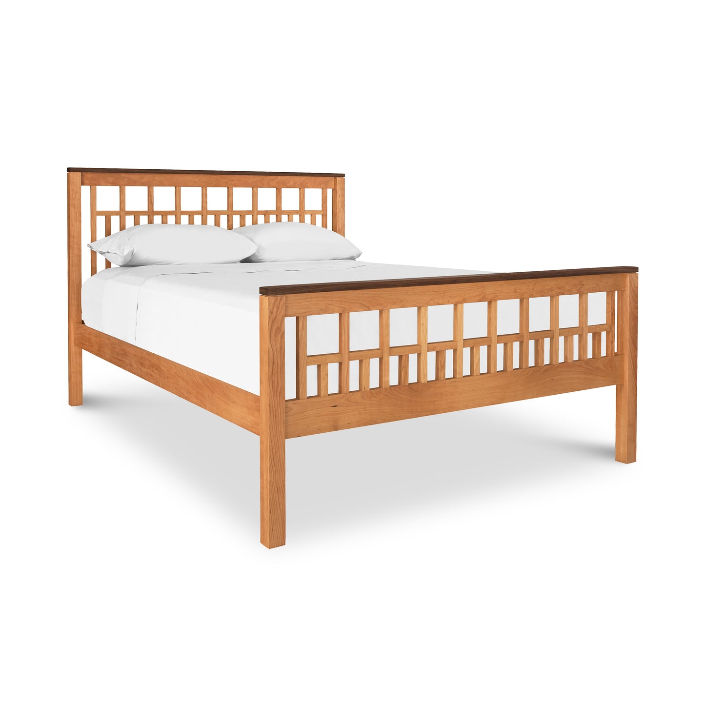 Modern American Trellis Bed with grid-pattern headboard, crafted from solid hardwood with an eco-friendly finish and dressed in white bedding.