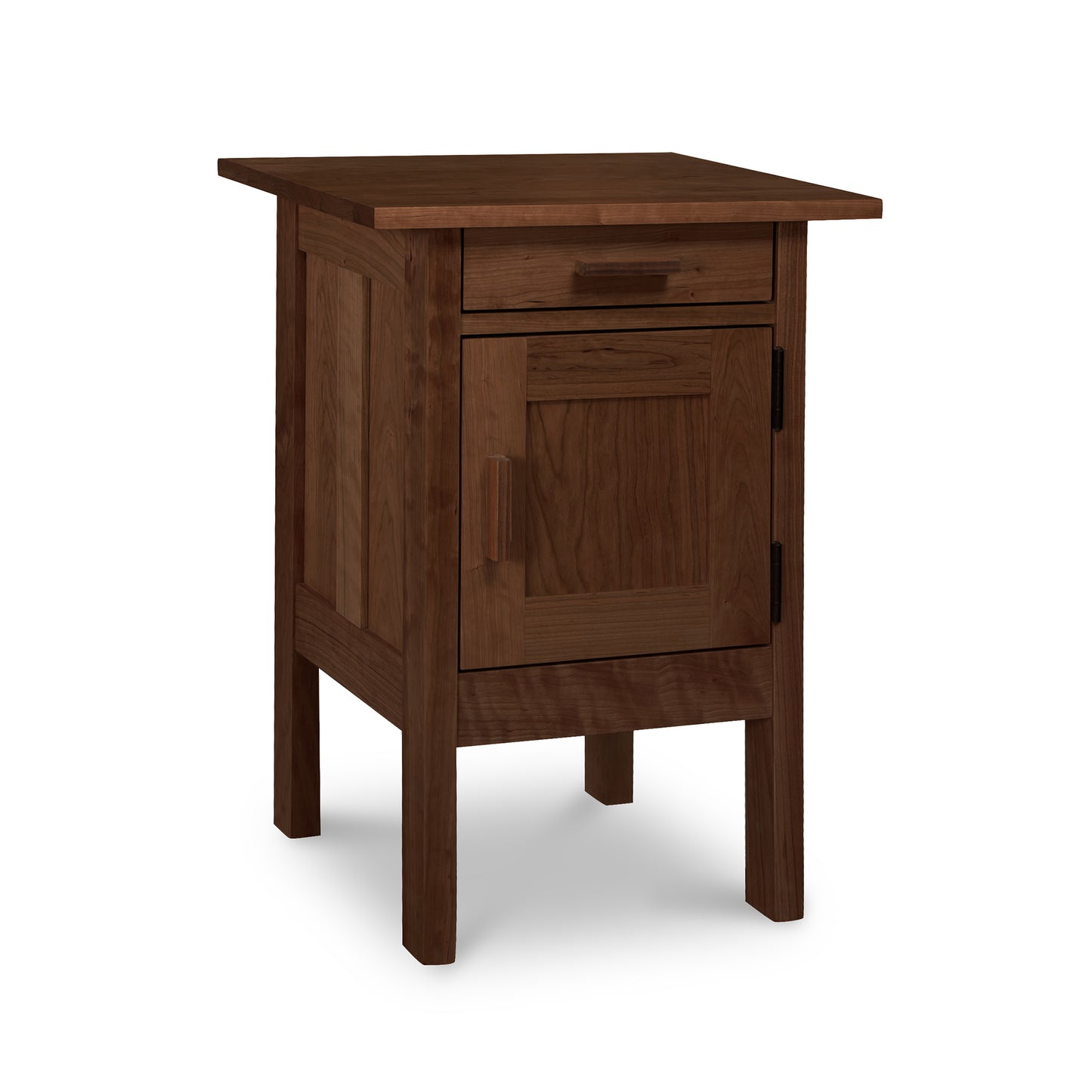Modern Craftsman 1-Drawer Nightstand with Door in solid hardwood, featuring a square shape and prominent natural wood grain, handcrafted by Vermont Furniture Designs.