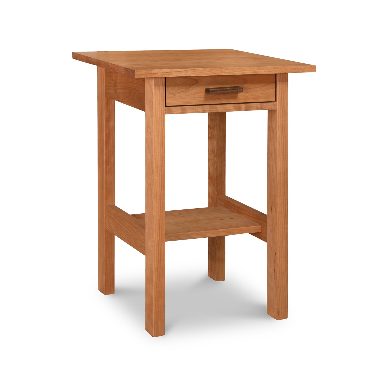 Modern Craftsman 1-Drawer Open Shelf Nightstand with wood drawer, lower shelf, and straight legs, handcrafted by Vermont Furniture Designs.
