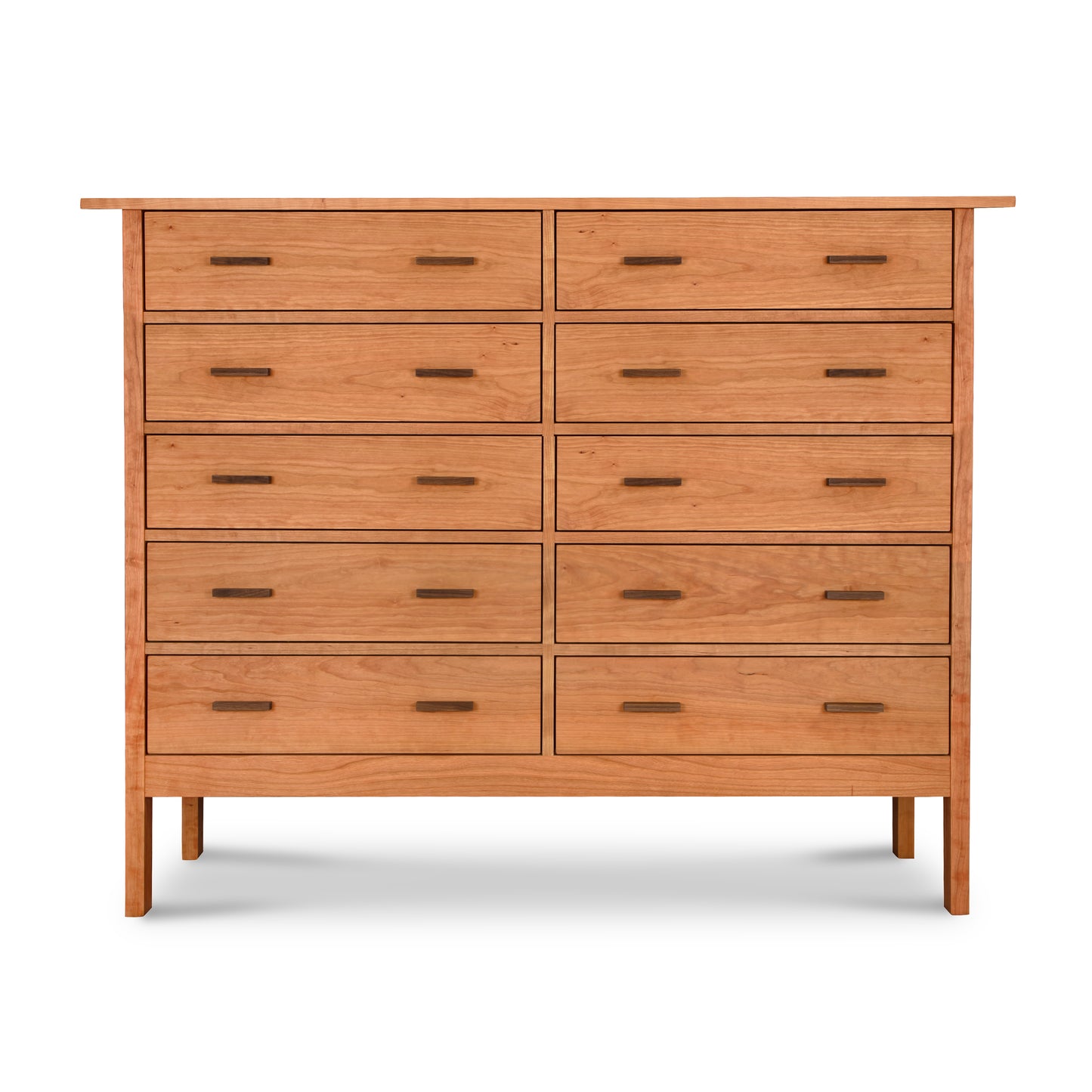 Vermont Furniture Designs Modern Craftsman 10-Drawer Dresser with sleek handles and eco-friendly finish, highlighting its craftsmanship against a plain background.