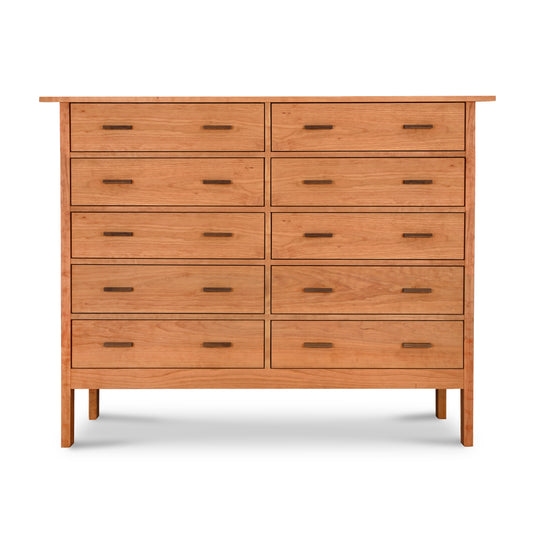 Vermont Furniture Designs Modern Craftsman 10-Drawer Dresser with sleek handles and eco-friendly finish, highlighting its craftsmanship against a plain background.