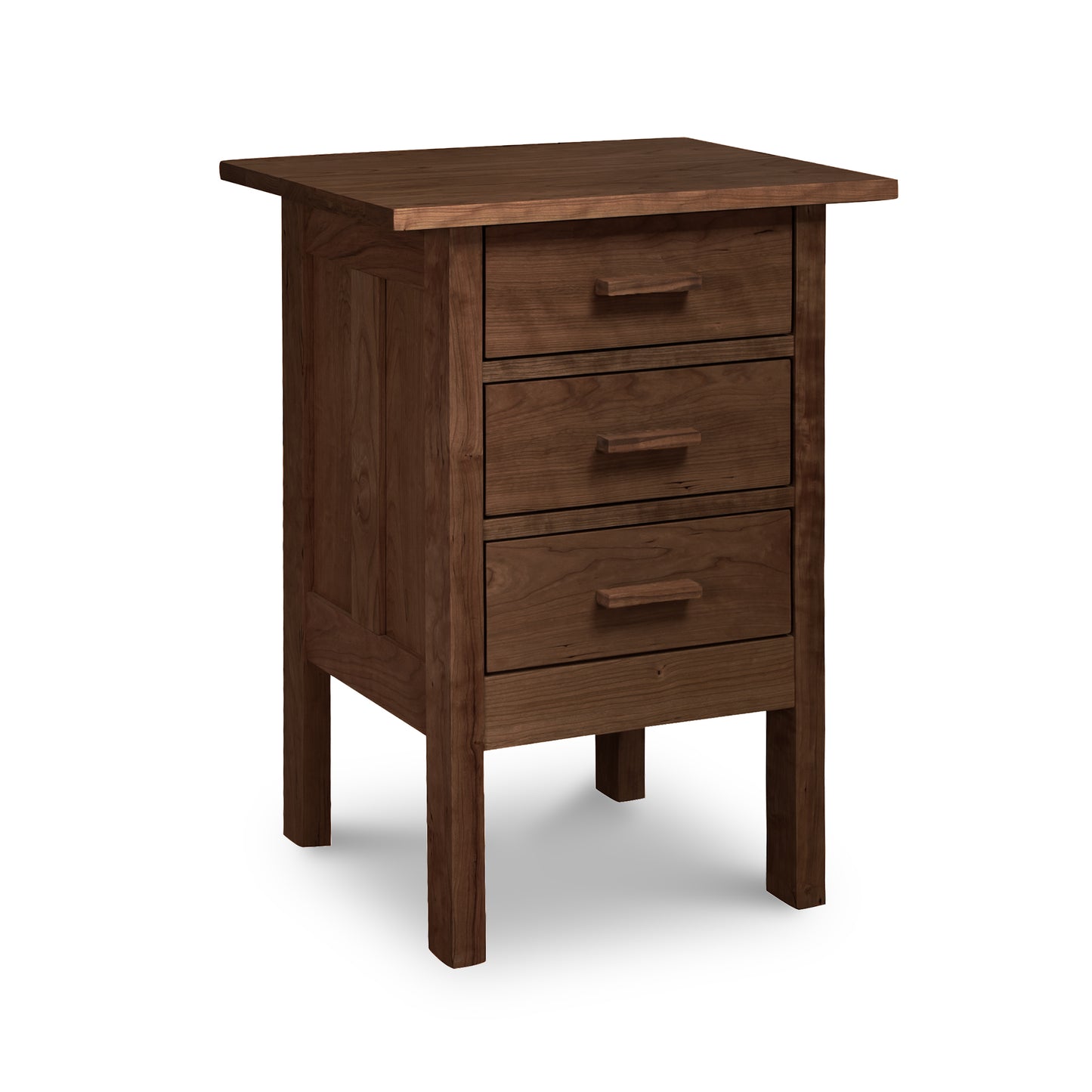 Modern Craftsman 3-Drawer Nightstand by Vermont Furniture Designs, featuring minimalist handles, robust legs, and an eco-friendly wood finish.