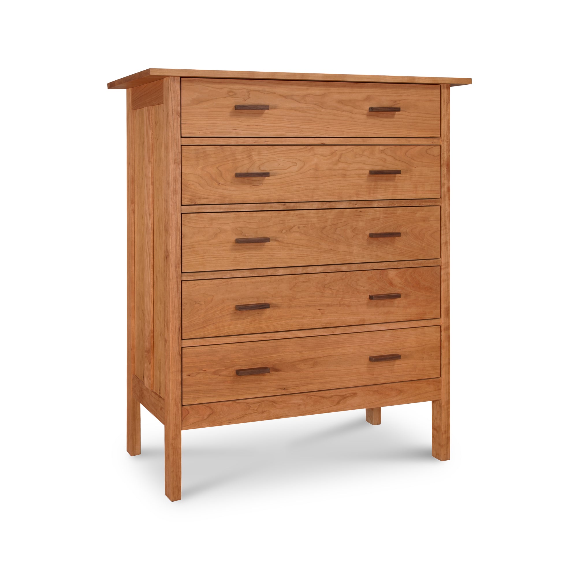 A wooden Modern Craftsman 5-Drawer Chest by Vermont Furniture Designs with simple handles and legs, isolated on a white background.