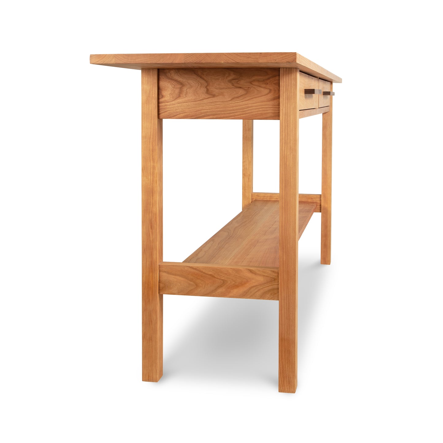 Modern Craftsman 2-Drawer Console Table by Vermont Furniture Designs, featuring a sustainable hardwood rectangular top, four sturdy legs, and a practical lower shelf.