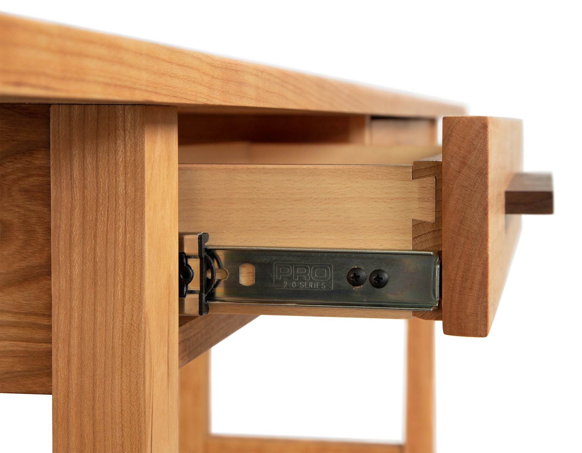 Modern Craftsman 2-Drawer Console Table by Vermont Furniture Designs, highlighted with a detailed view of its high-quality wooden drawer featuring a metal slider labeled "PRO 2.0 SERIES".