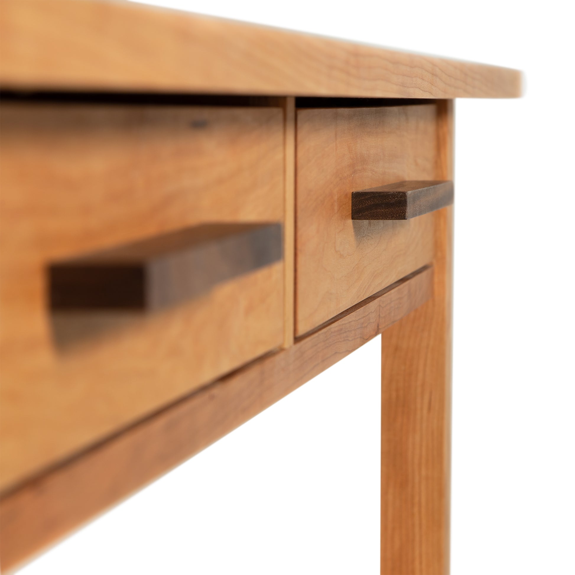 Modern Craftsman 2-Drawer Console Table by Vermont Furniture Designs in light wood finish, featuring dark wood handles.