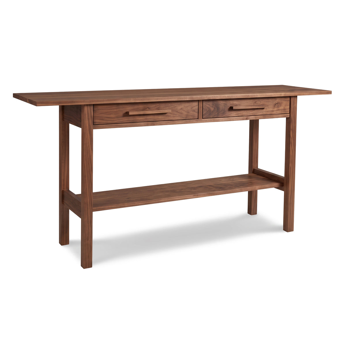 Modern Craftsman 2-Drawer Console Table by Vermont Furniture Designs with lower shelf and mission style details, handcrafted from solid wood.