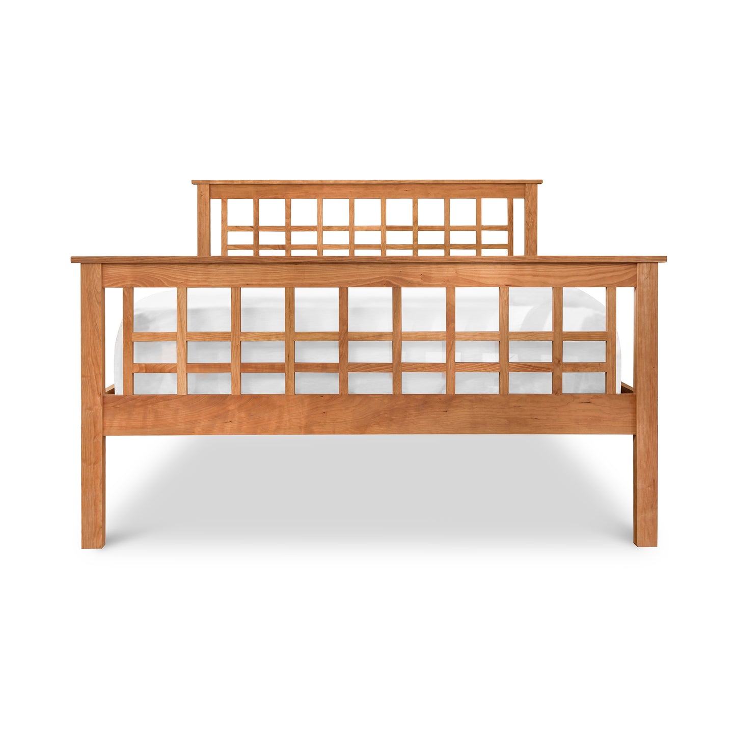 Modern Craftsman High Footboard Bed by Vermont Furniture Designs featuring a solid wood frame with grid-patterned headboard and footboard, topped with a white mattress.