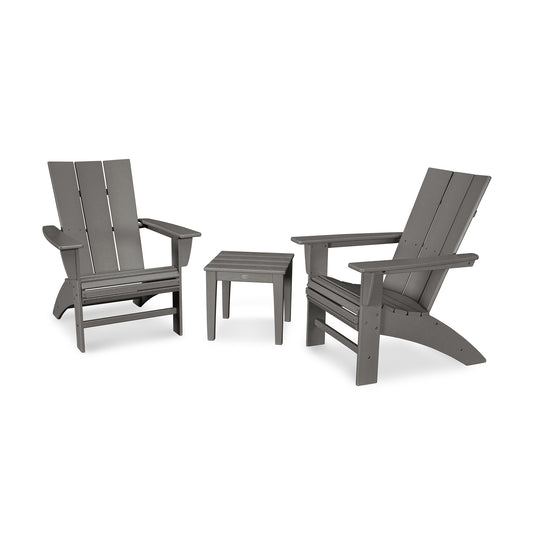 Two gray POLYWOOD Modern Curveback Adirondack 3-Piece Set chairs with a matching small square side table placed between them on a plain white background.