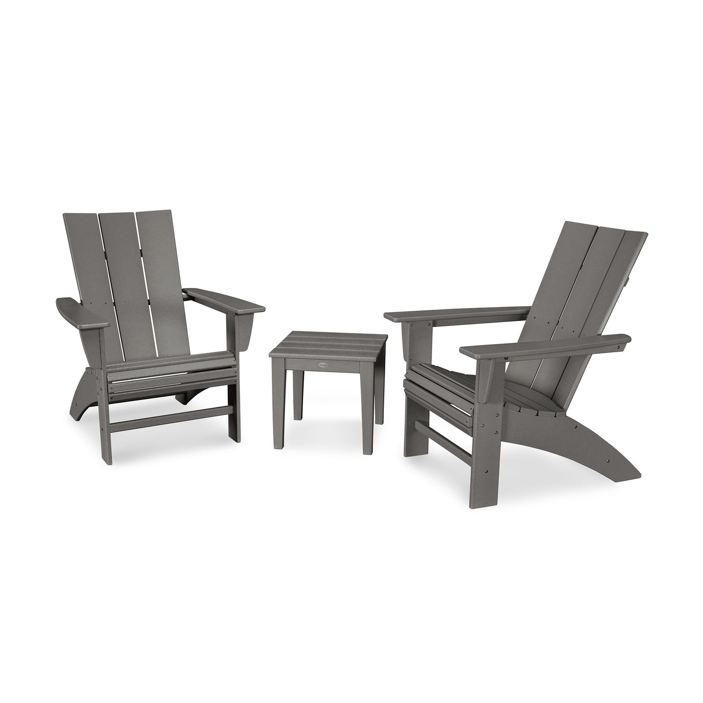Gray POLYWOOD Modern Curveback Adirondack chairs with matching side table.