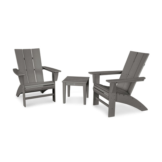 Gray POLYWOOD Modern Curveback Adirondack chairs with matching side table.