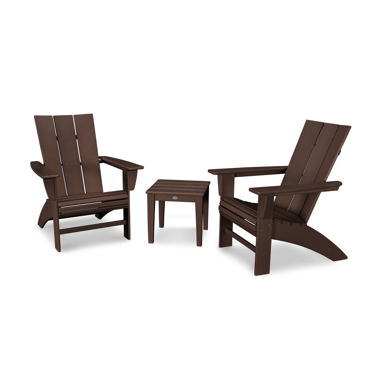 POLYWOOD Modern Curveback Adirondack 3-Piece Set with two brown chairs and a matching square side table.