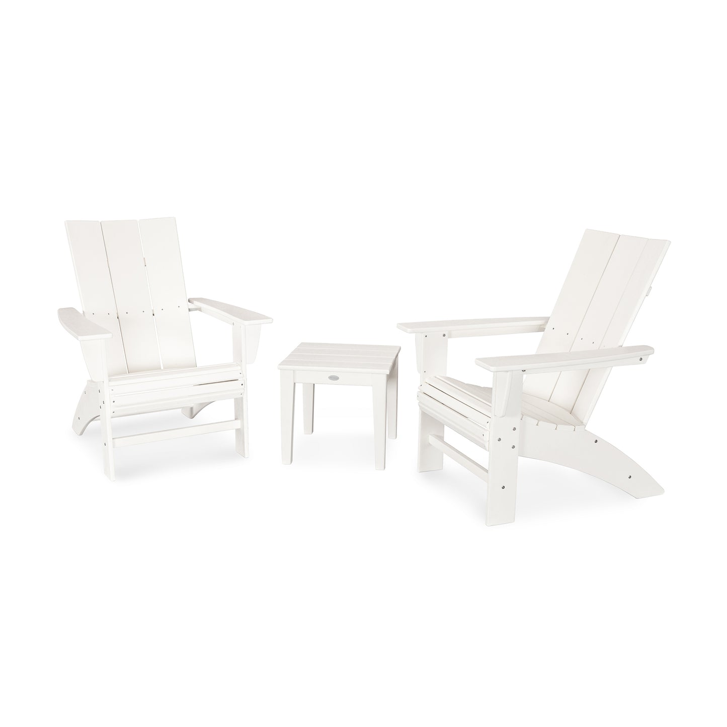 POLYWOOD Modern Curveback Adirondack 3-Piece Set with two chairs and a side table crafted from durable POLYWOOD lumber.