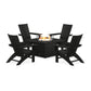A modern outdoor seating arrangement featuring four black POLYWOOD Modern Curveback Adirondack Chairs positioned around a square POLYWOOD fire pit table with visible flames, set against a white background.