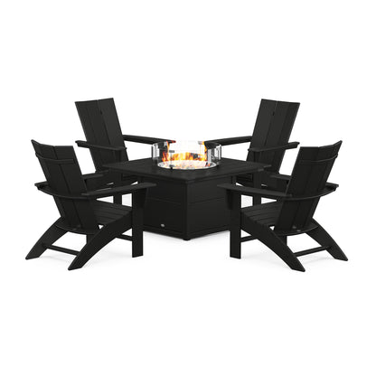 A set of six black POLYWOOD Modern Curveback Adirondack Chairs arranged around a square POLYWOOD outdoor fire pit table, with flames visible, on a white background.