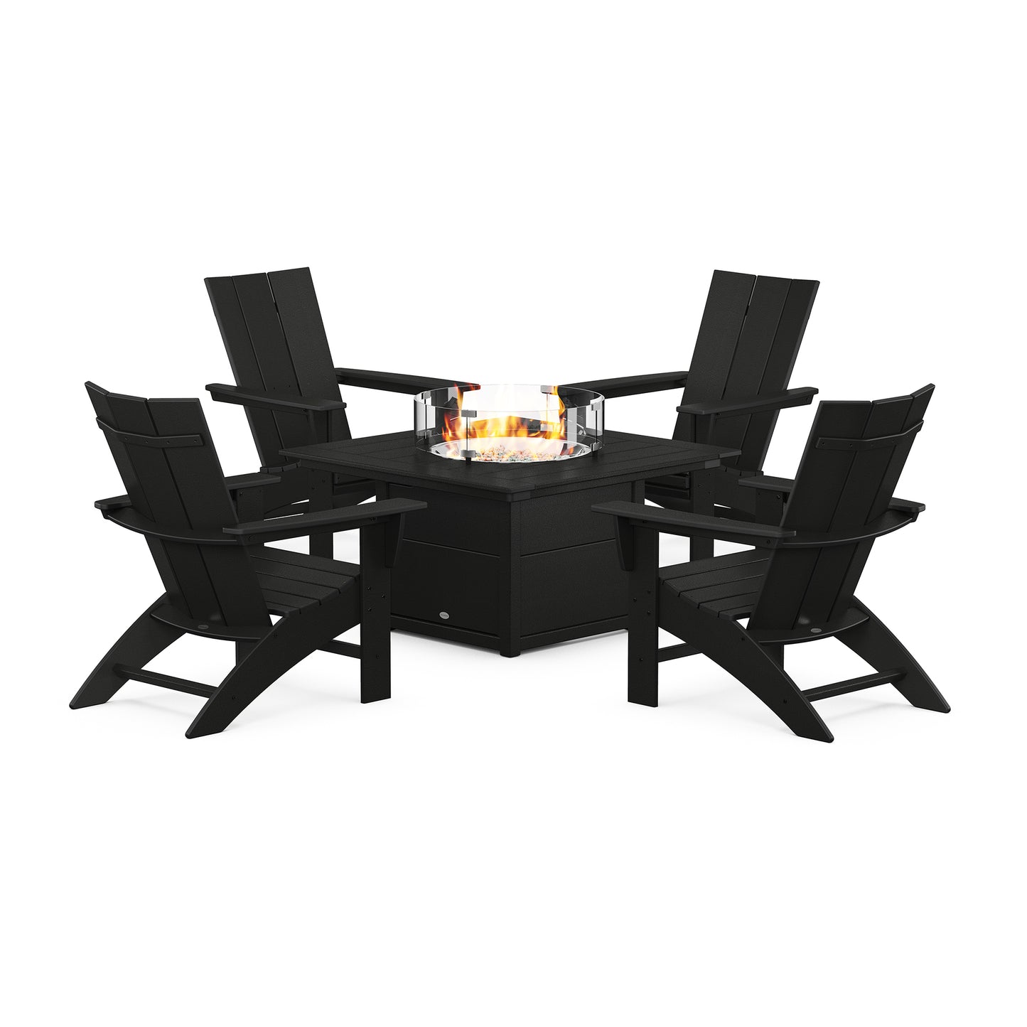 POLYWOOD Adirondack chairs encircle a fire pit table highlighting the vibrant flames.