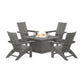 A POLYWOOD Modern Curveback Adirondack 5-Piece Conversation Set featuring four gray Curveback Adirondack chairs arranged around a square gas fire pit table, all placed on a white background.