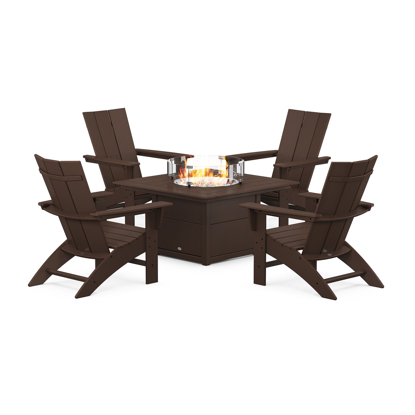 Four POLYWOOD® Modern Curveback Adirondack 5-Piece Conversation Sets with Fire Pit Table arranged around a square outdoor fire pit table with visible flames, isolated on a white background.