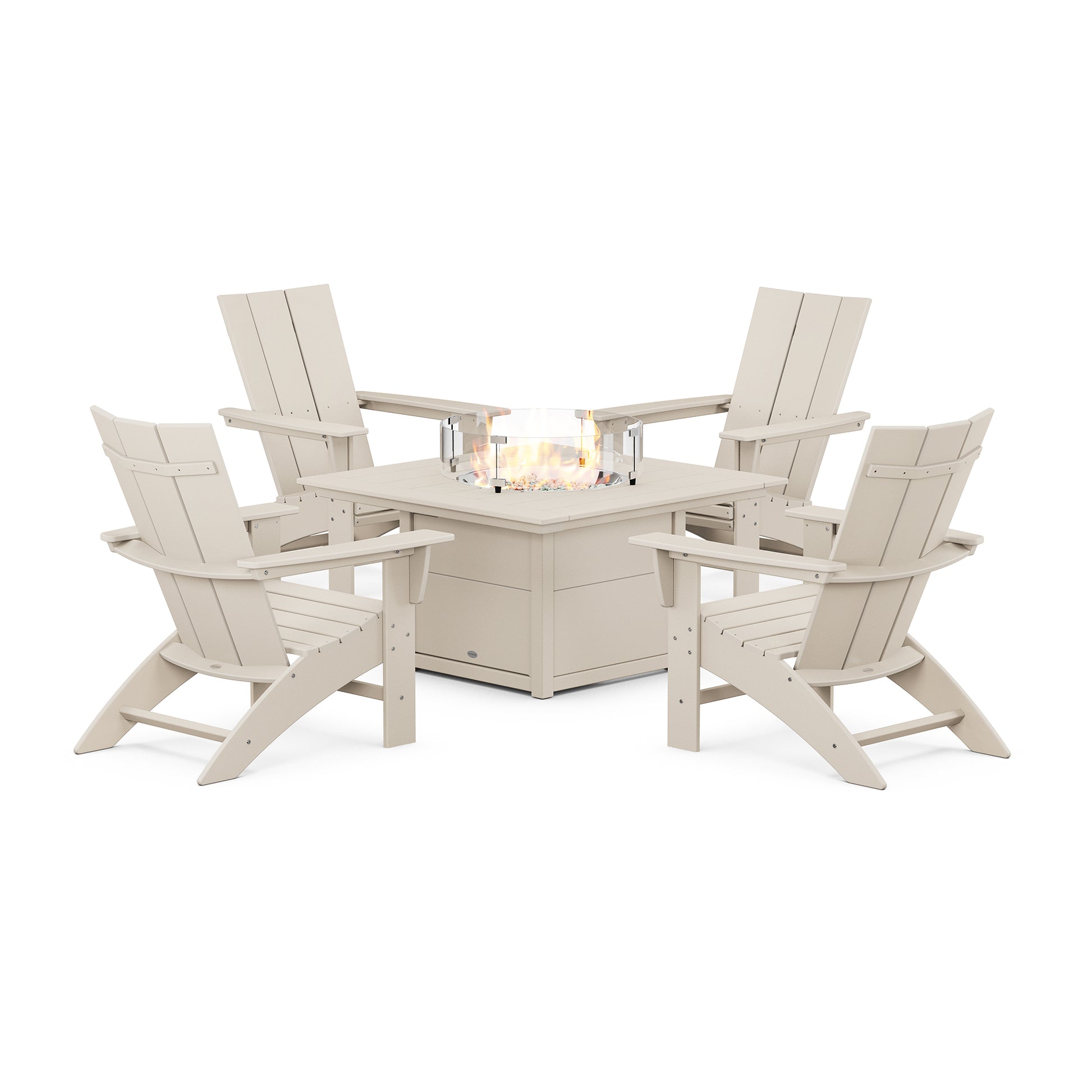 Four off-white POLYWOOD Modern Curveback Adirondack Chairs arranged around a hexagonal outdoor POLYWOOD fire pit table on a white background. The fire pit is lit, showcasing a warm flame.
