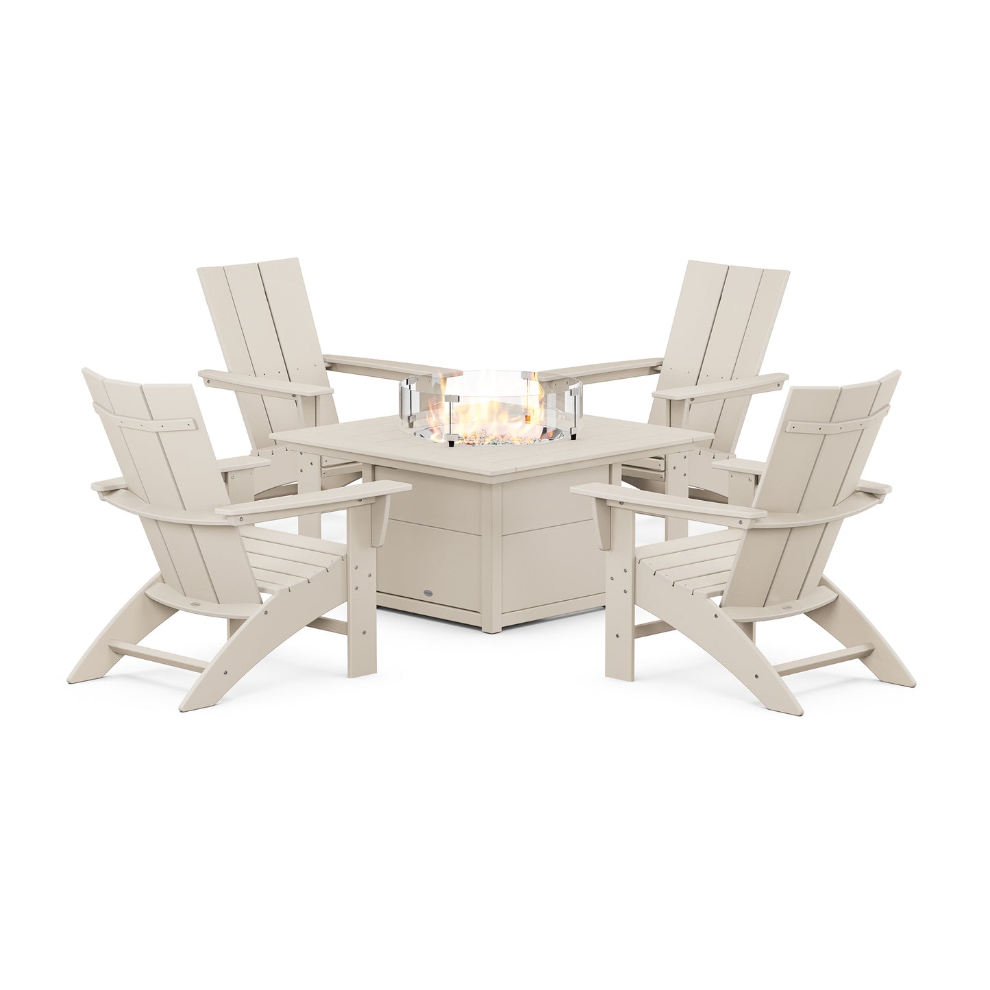 Modern Curveback Adirondack chairs in a POLYWOOD Conversation Set around a fire pit table.