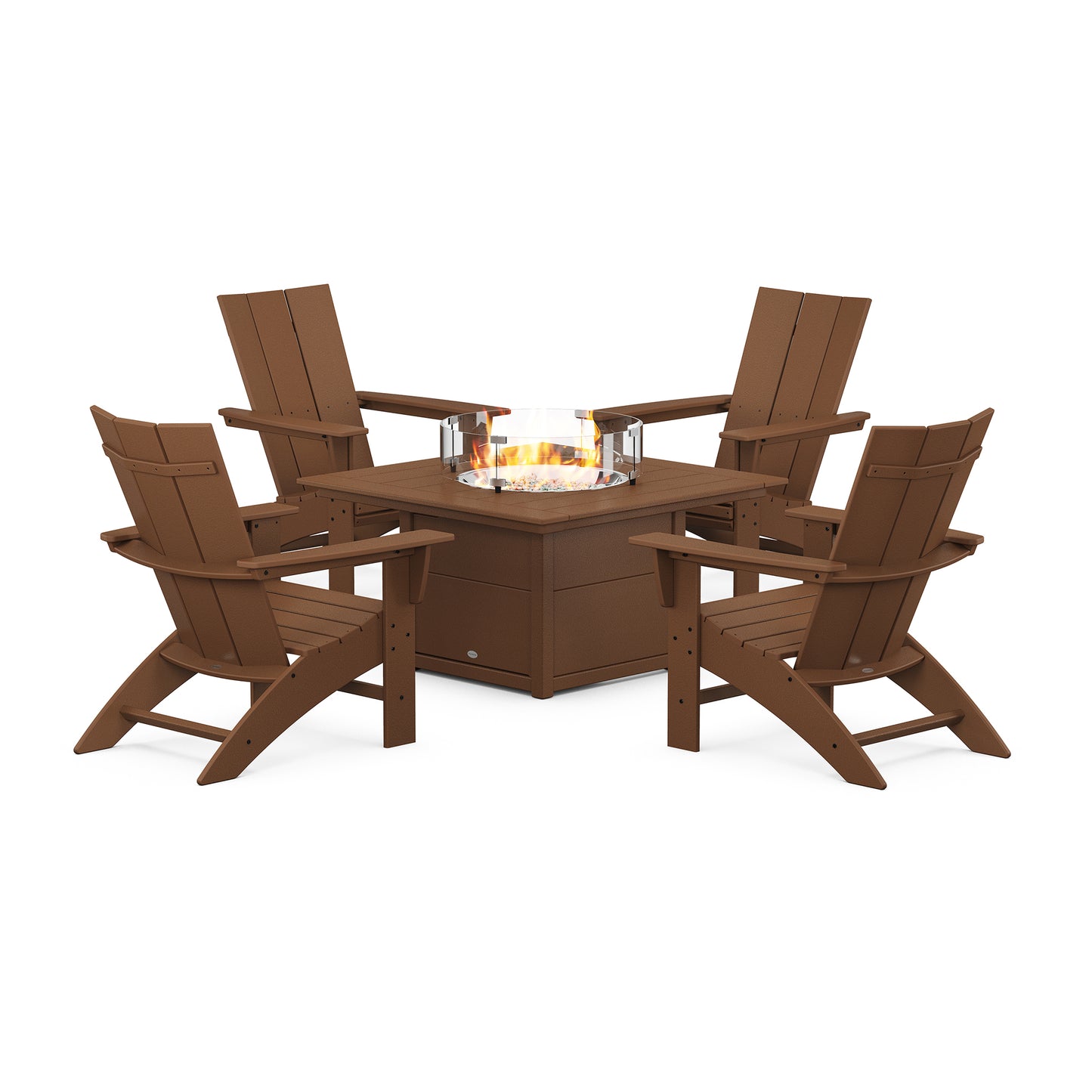 POLYWOOD Modern Curveback Adirondack 5-Piece Set with square fire pit table showcasing stylish and comfortable outdoor furniture.