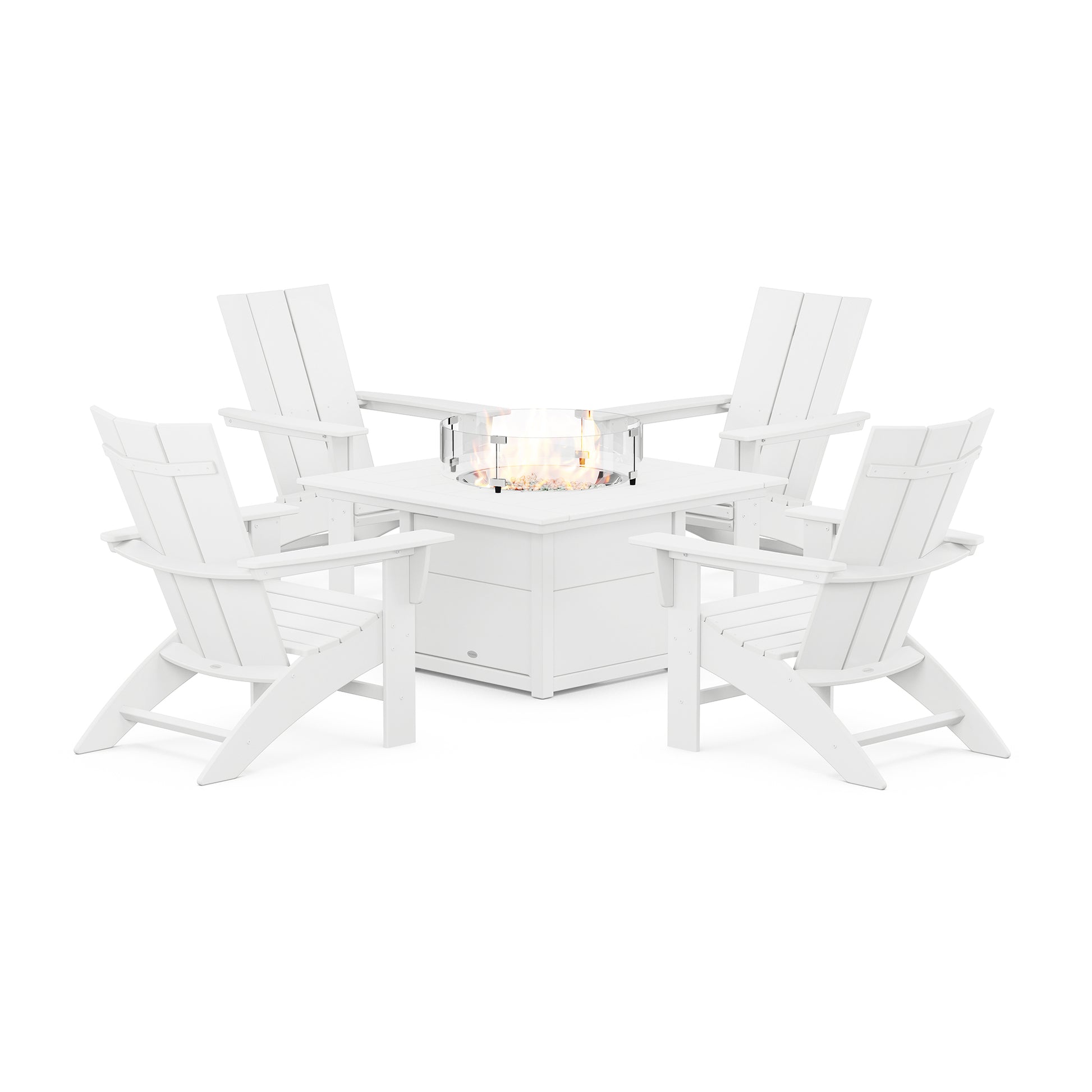 Five white POLYWOOD Modern Curveback Adirondack Chairs arranged around a hexagonal outdoor fire pit table with a lit fire, set against a plain white background.