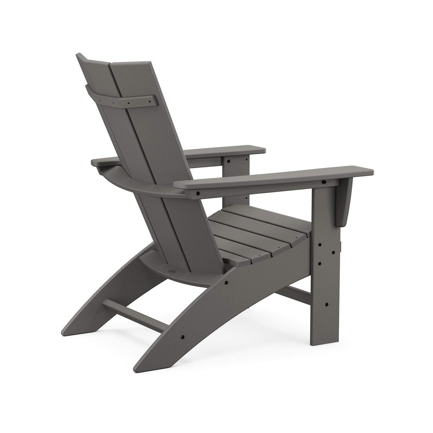 Gray POLYWOOD Modern Curveback Adirondack Chair showcasing a high back and wide armrests for enhanced outdoor comfort.