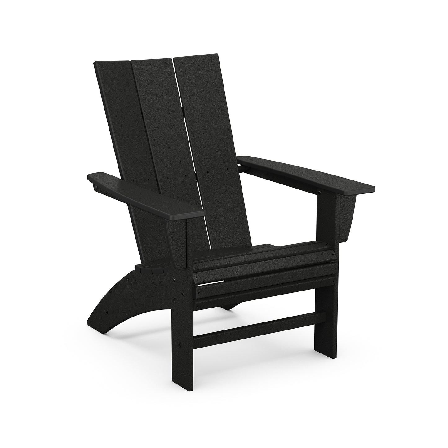 Black POLYWOOD Modern Curveback Adirondack Chair featuring a slanted back and wide armrests.