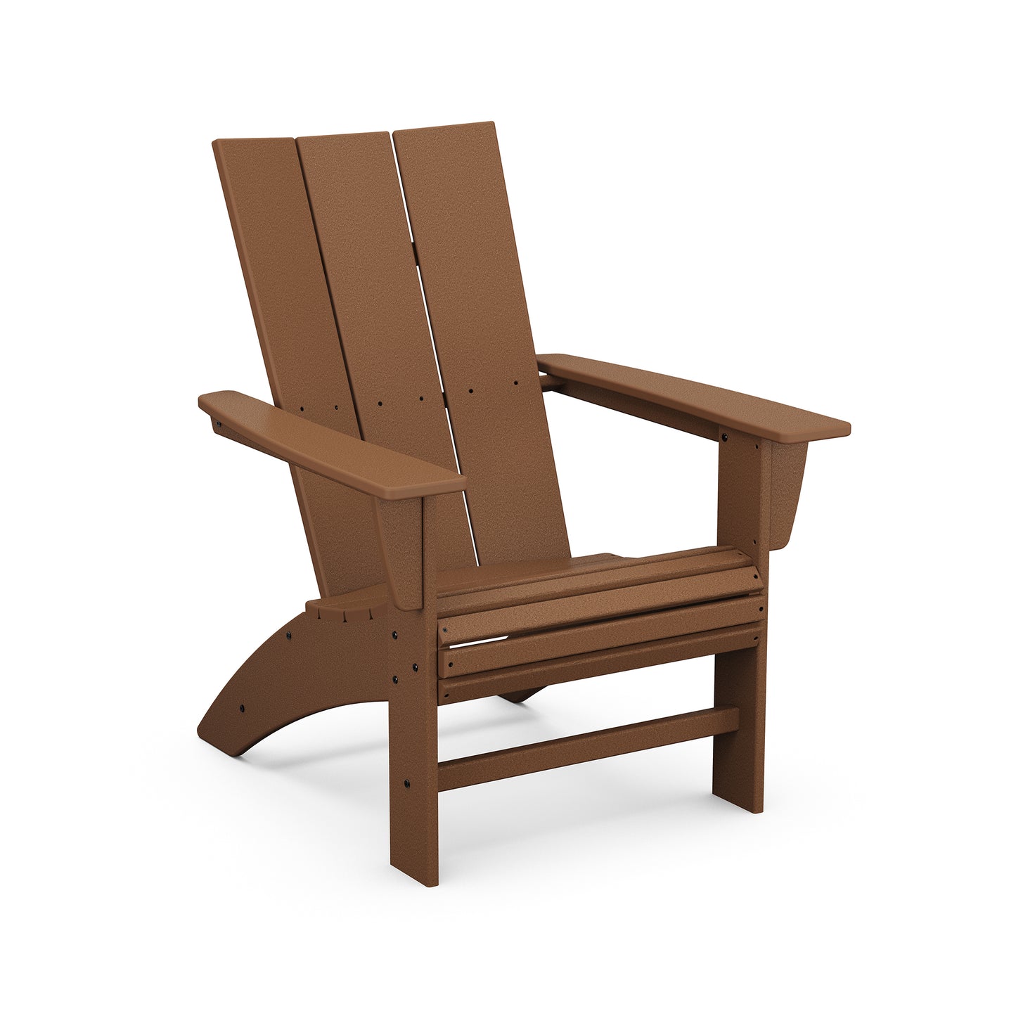 POLYWOOD Modern Curveback Adirondack Chair with wide armrests and a slanted backrest in an angled view.
