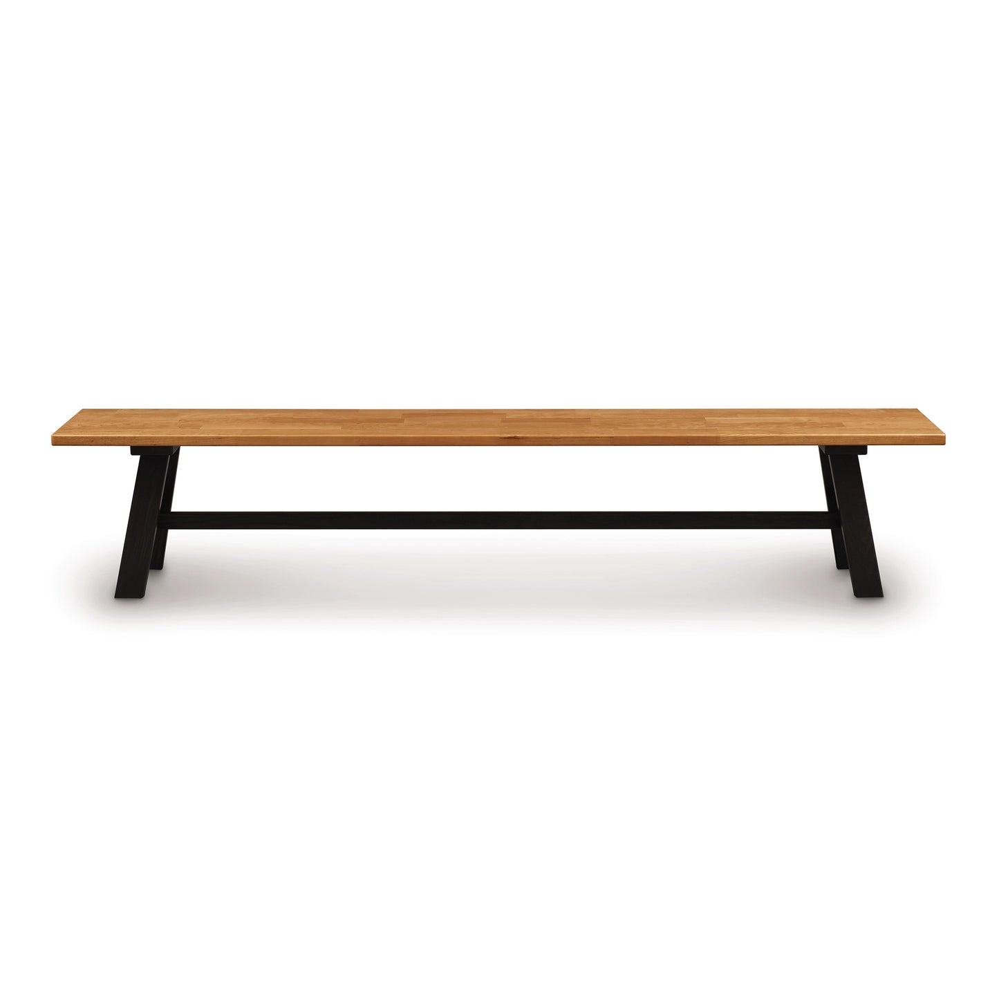 A Copeland Furniture modern farmhouse cherry bench with black metal legs on a white background.