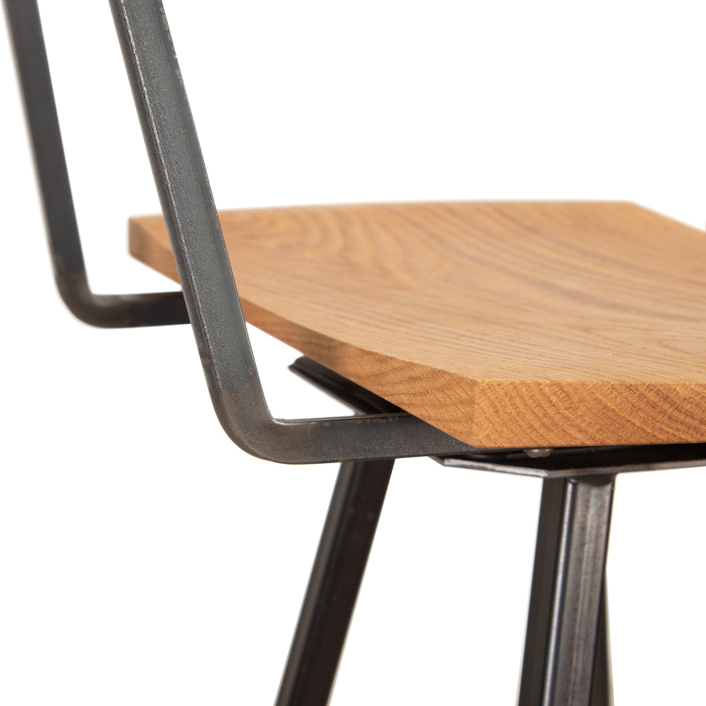 Modern Industrial Stool with Back featuring a handcrafted wooden seat, sturdy black metal frame, and sleek minimalist design by Vermont Woods Studios.