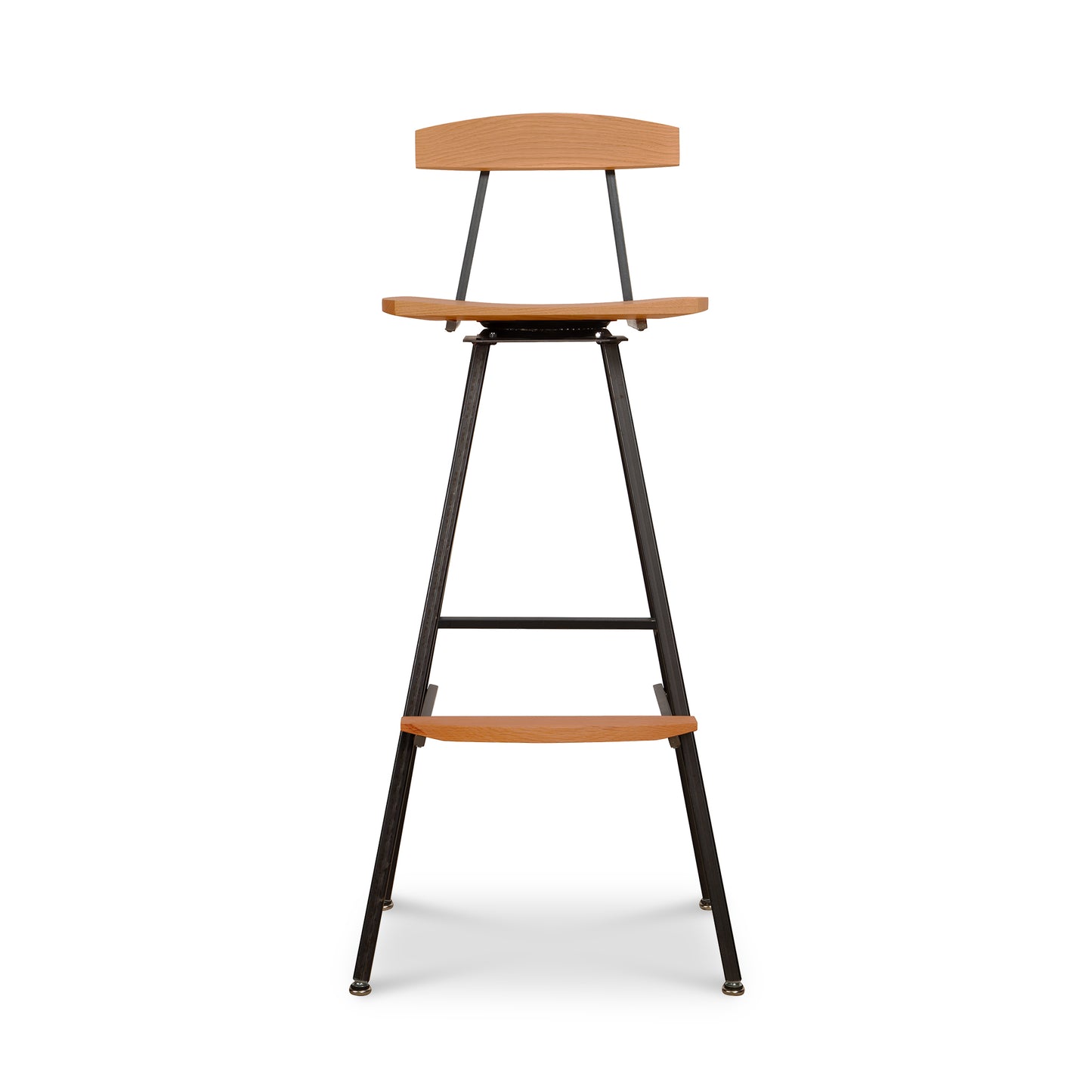Modern Industrial Stool with Back featuring a handcrafted wood seat and backrest on a sturdy black metal frame.