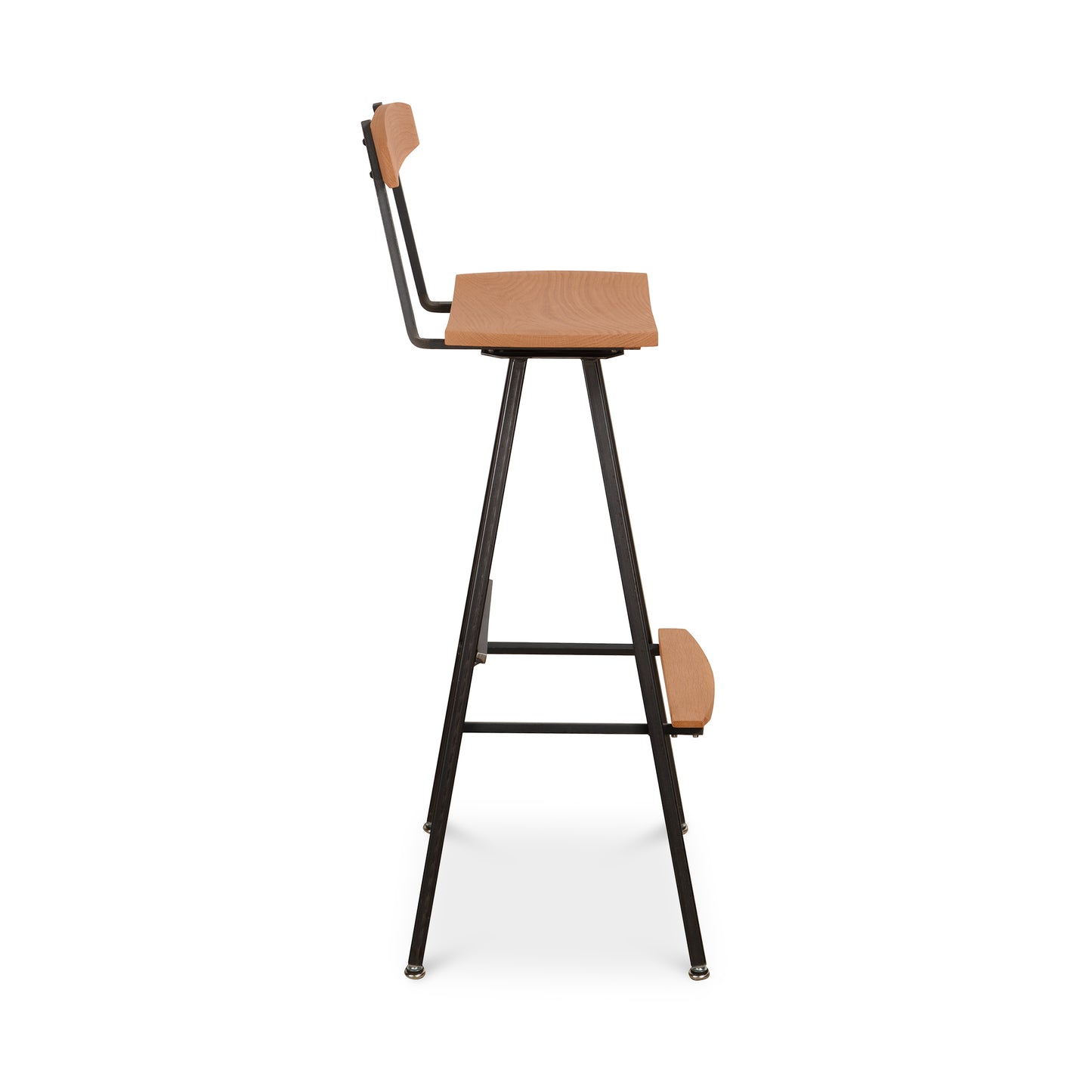Modern Industrial Stool with Back by Vermont Woods Studios, featuring a tall wooden seat, matching backrest, and black metal frame with footrest.