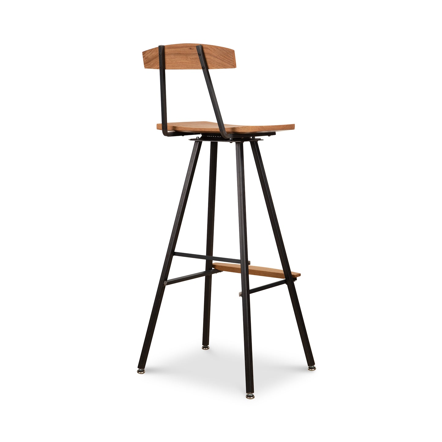 Modern Industrial Stool with a wooden seat and back, wood footrest, and sturdy black metal frame crafted by Vermont Woods Studios.