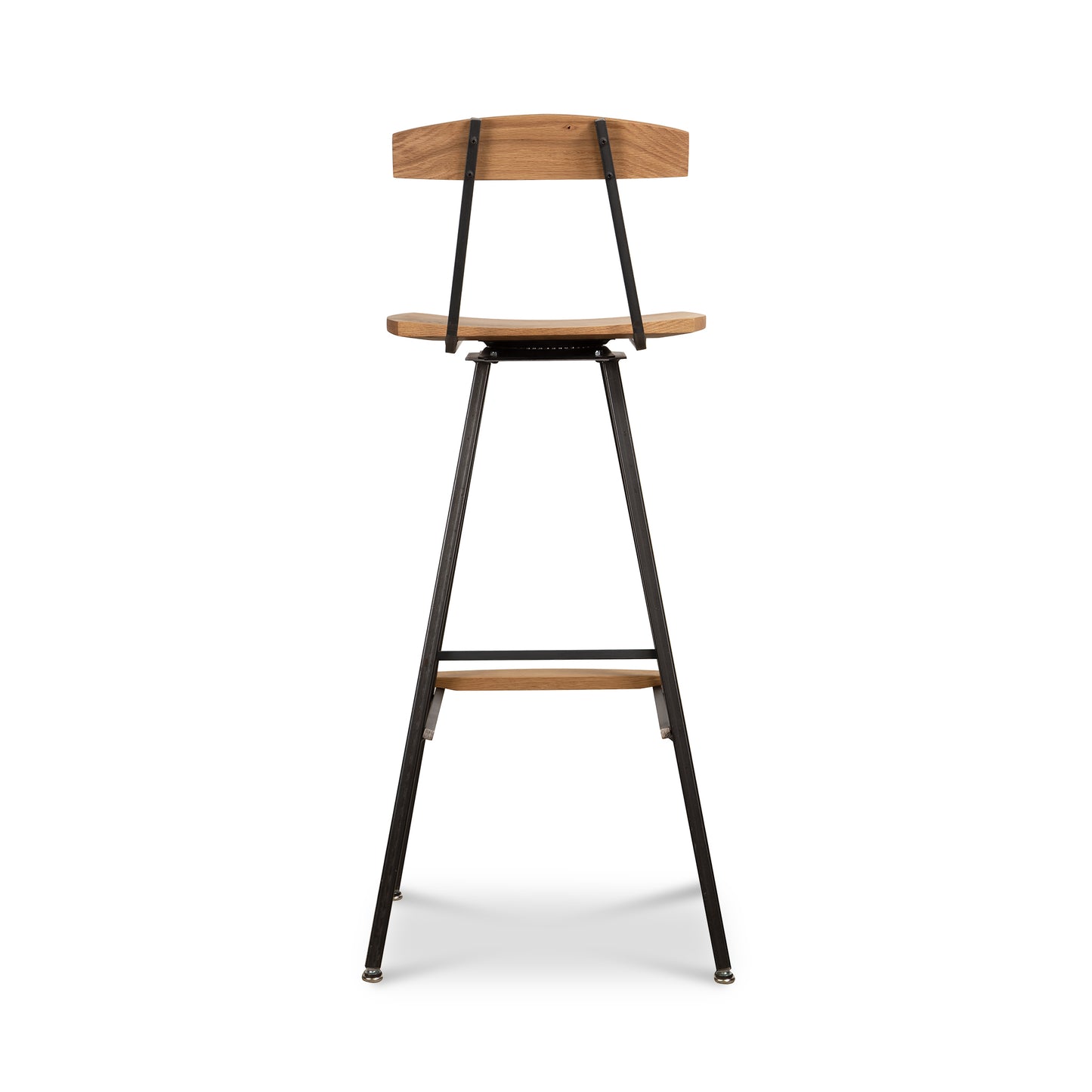 Modern Industrial Stool by Vermont Woods Studios featuring a handcrafted wooden seat and backrest, supported by a sturdy black metal frame with integrated footrest.