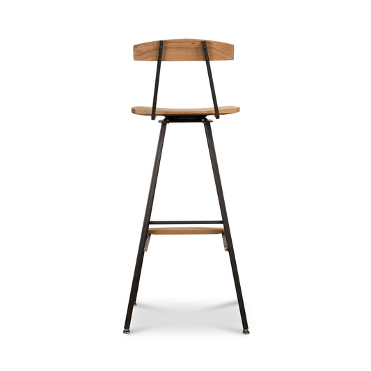 Modern Industrial Stool with Back by Vermont Woods Studios, featuring a wooden seat, supportive backrest, footrest, and sturdy steel base.
