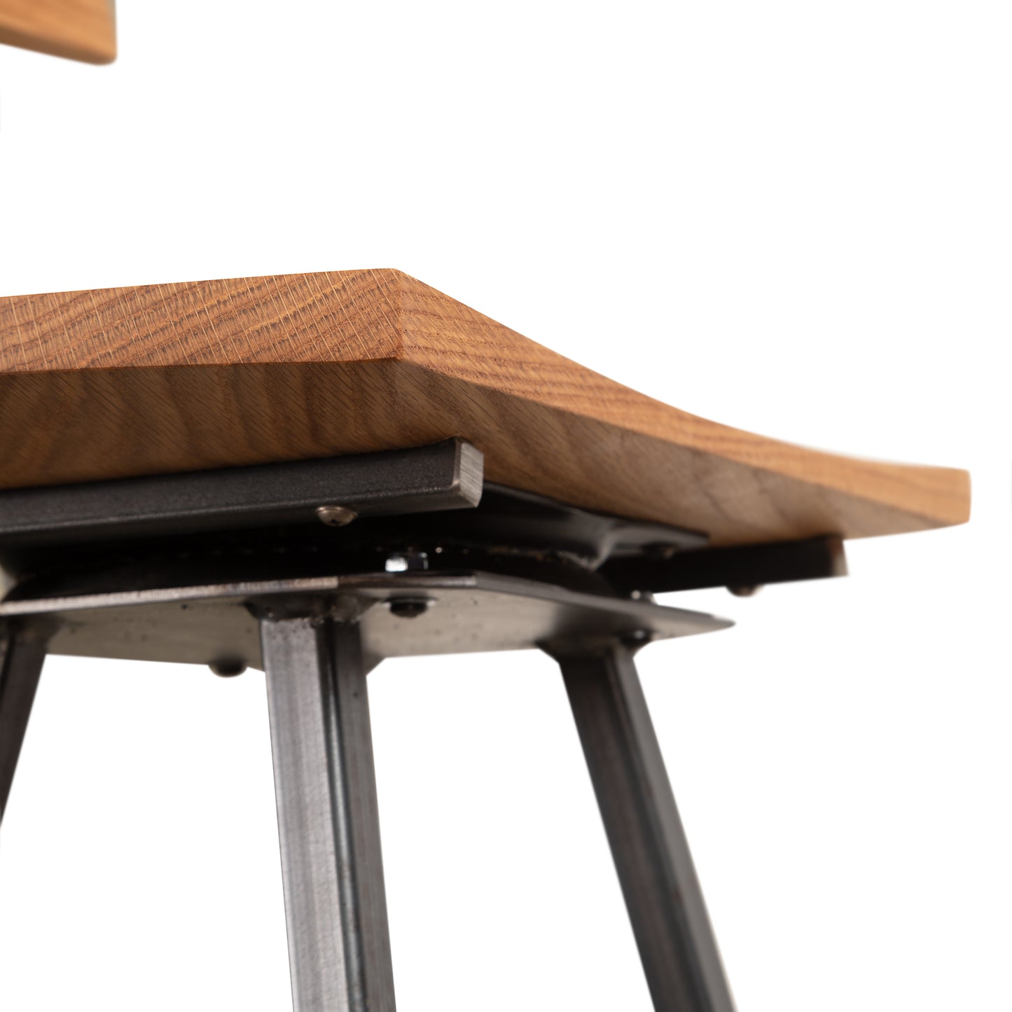 Modern Industrial Stool with Back by Vermont Woods Studios, showcasing a handcrafted wooden seat and sturdy metal legs.