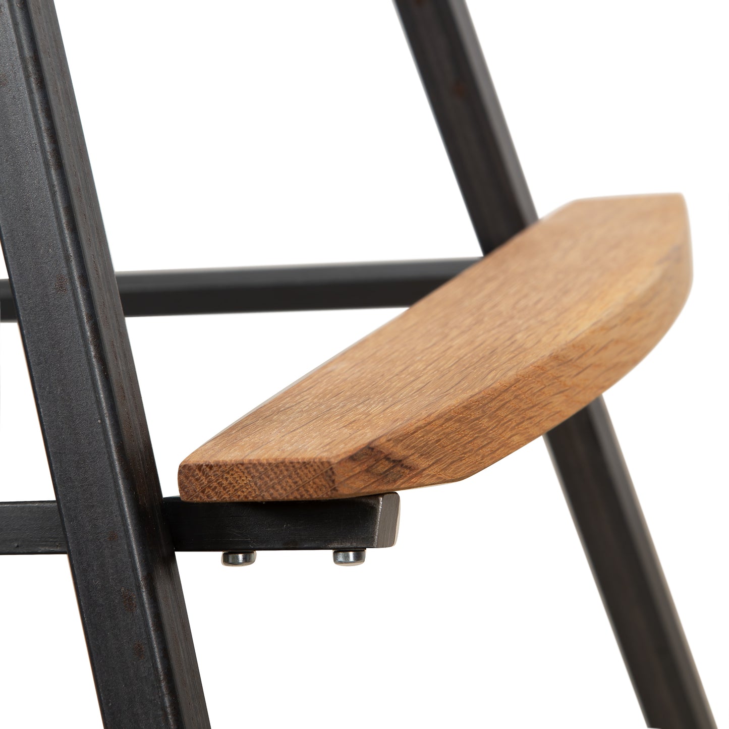 Modern Industrial Stool with Back by Vermont Woods Studios featuring a solid wood seat, wooden footrest, and durable black metal frame.