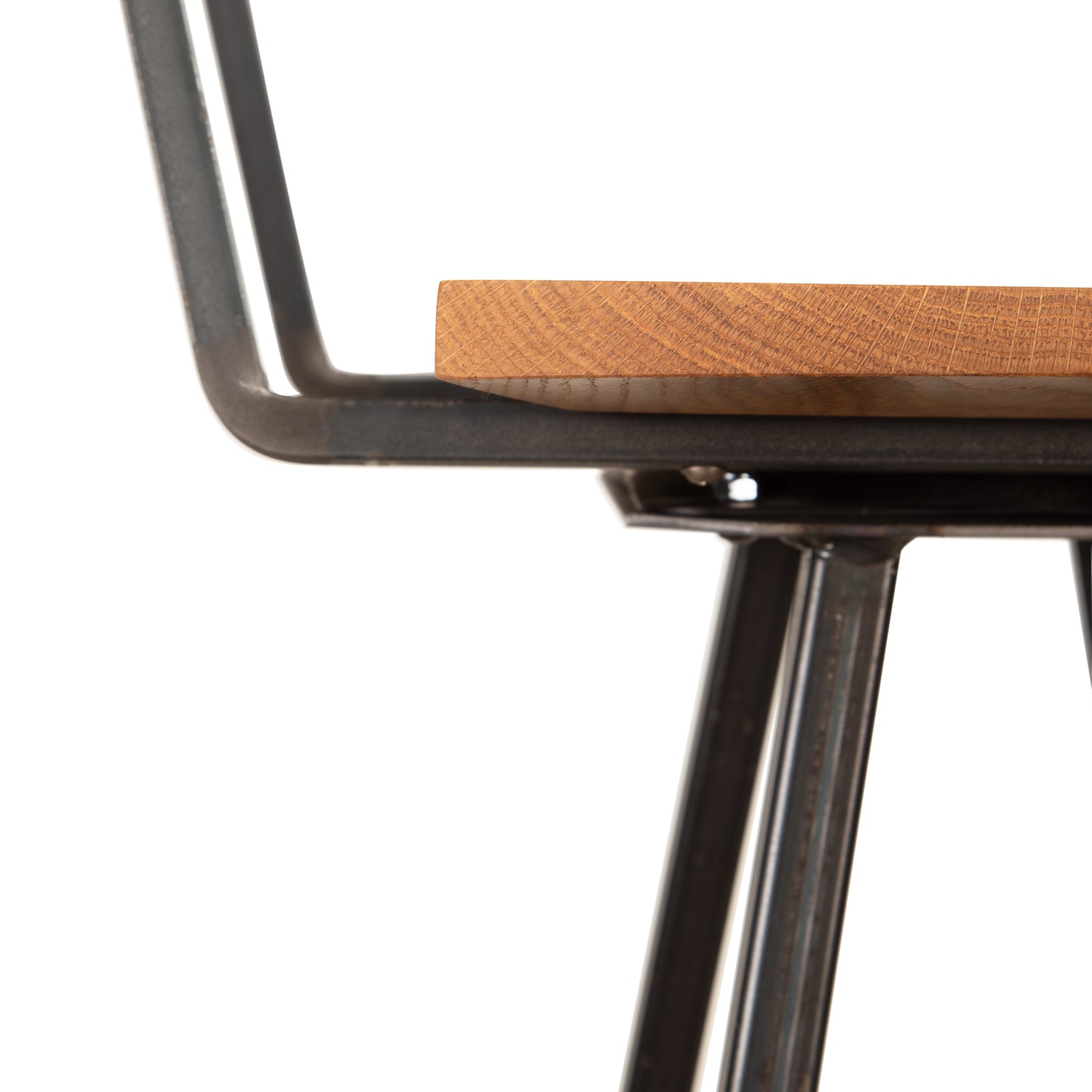 Modern Industrial Stool with Back, featuring a solid wood seat and black metal frame, crafted by Vermont Woods Studios.