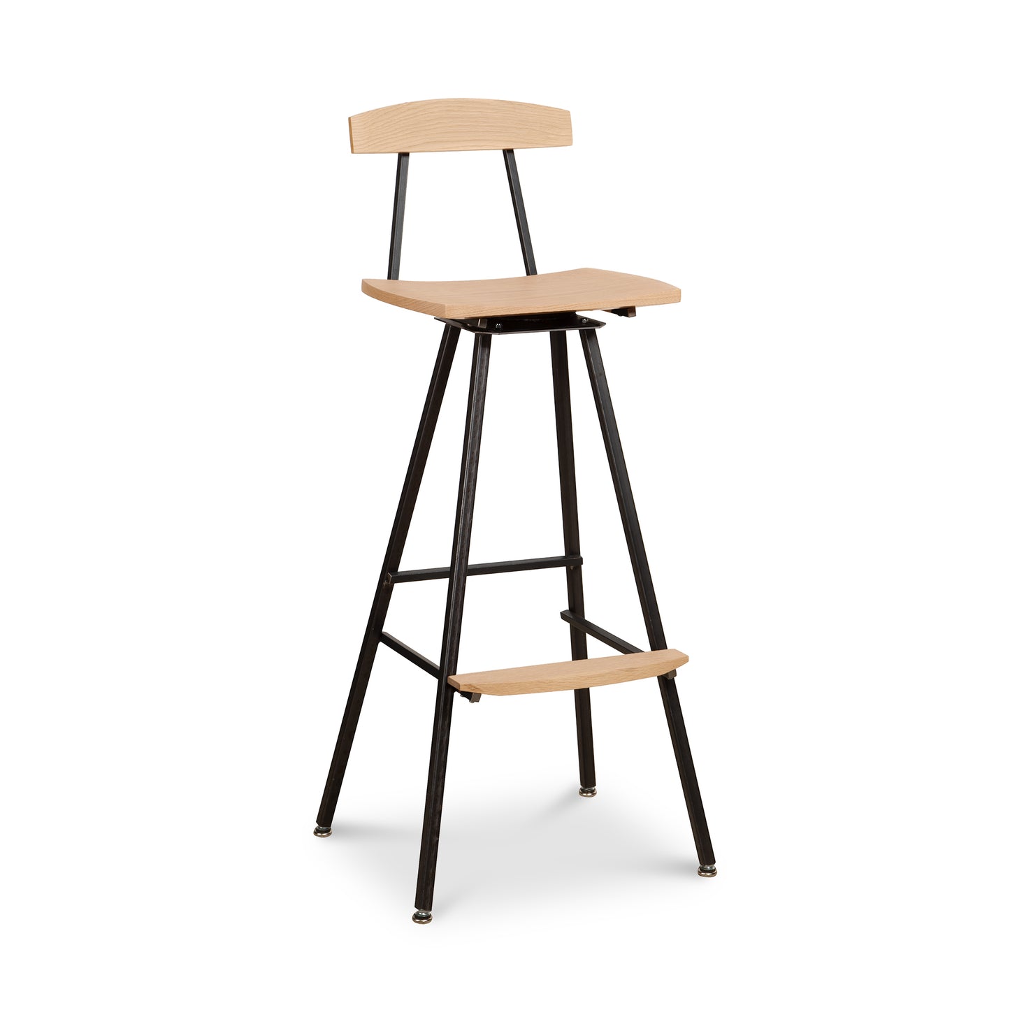 Modern Industrial Stool with Back showcasing a handcrafted wooden seat and sturdy black metal legs in a minimalist industrial style.