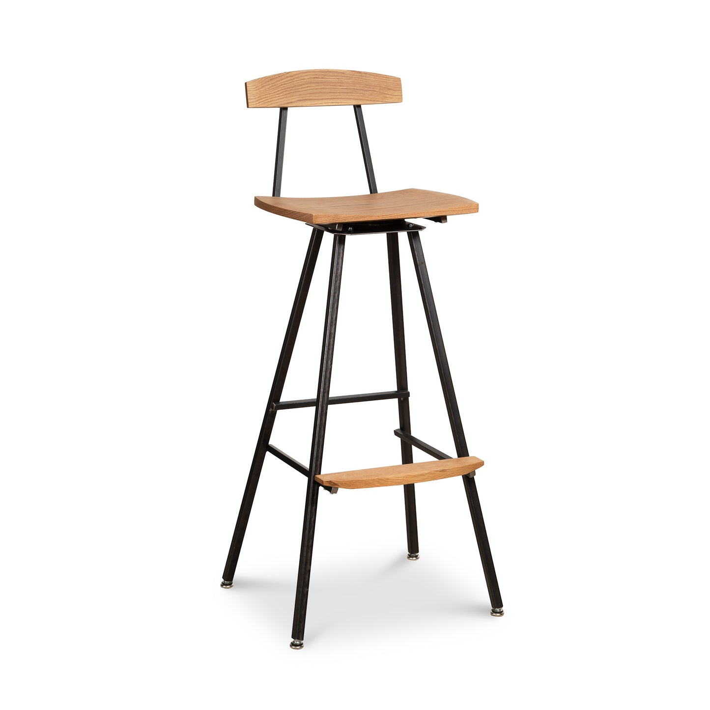Modern Industrial Stool with wood seat and backrest, black metal legs, and built-in footrest, handcrafted by Vermont Woods Studios.